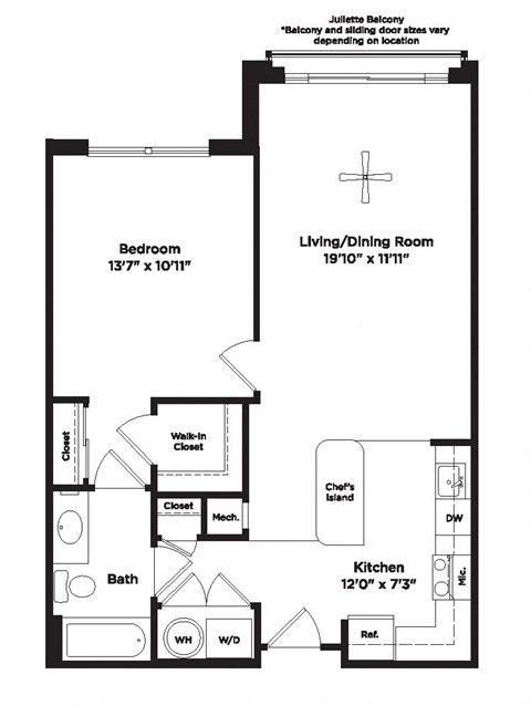 Floor plan for 1 bed, 1 bath, 733 sqft